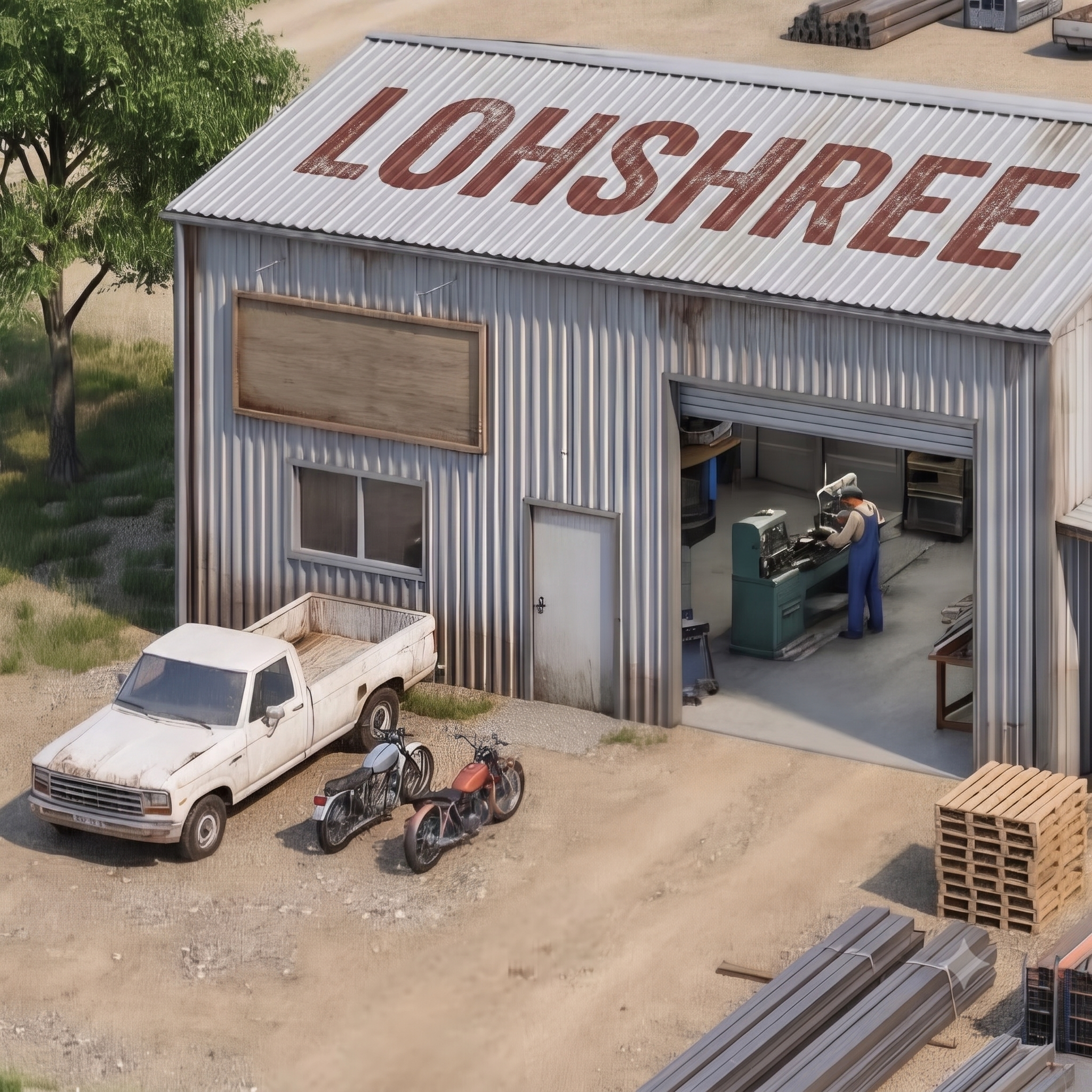 A small workshop shed with a lathe and a single machinist