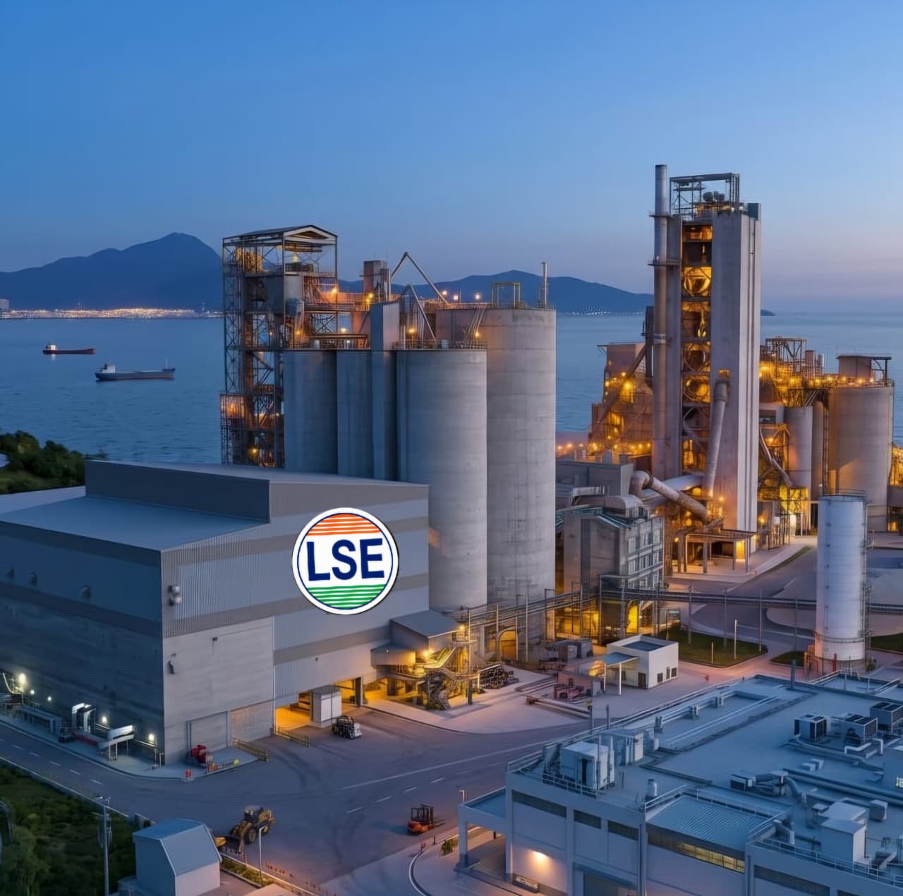 A full-scale modern plant lit up at dusk